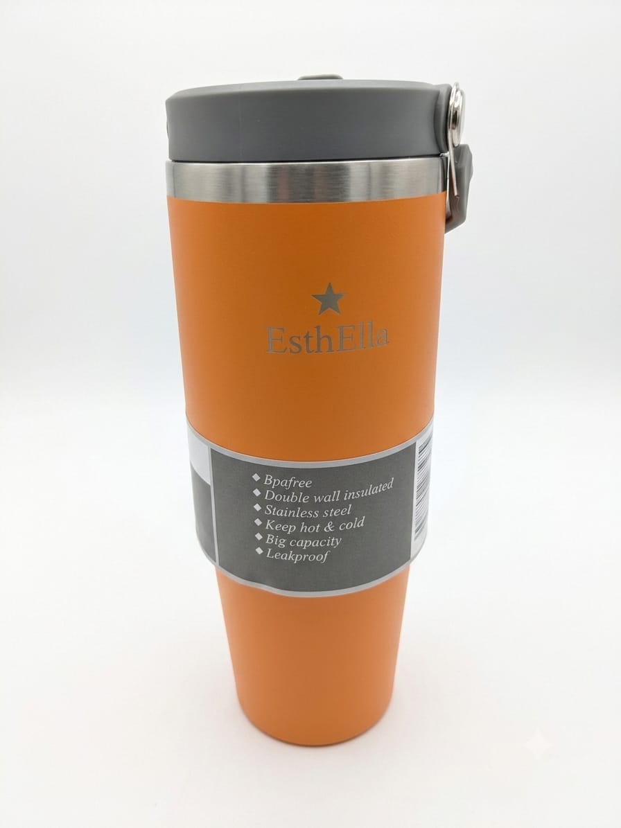 Esthella 30oz (890ml) Vacuum Insulated Tumbler Mug with Handle and Straw | Leak-Resistant Travel Cup for Hot & Cold Drinks.