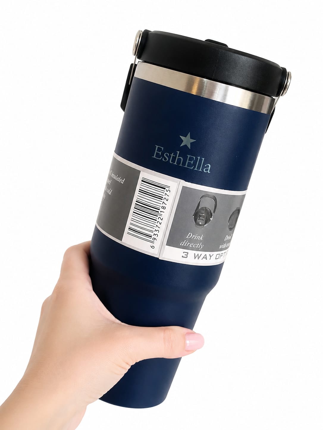 Esthella 30oz (890ml) Vacuum Insulated Tumbler Mug with Handle and Straw | Leak-Resistant Travel Cup for Hot & Cold Drinks.