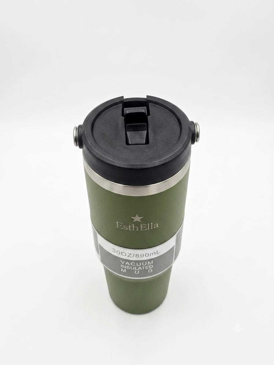 Esthella 30oz (890ml) Vacuum Insulated Tumbler Mug with Handle and Straw | Leak-Resistant Travel Cup for Hot & Cold Drinks.
