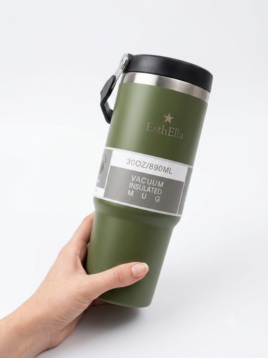 Esthella 30oz (890ml) Vacuum Insulated Tumbler Mug with Handle and Straw | Leak-Resistant Travel Cup for Hot & Cold Drinks.