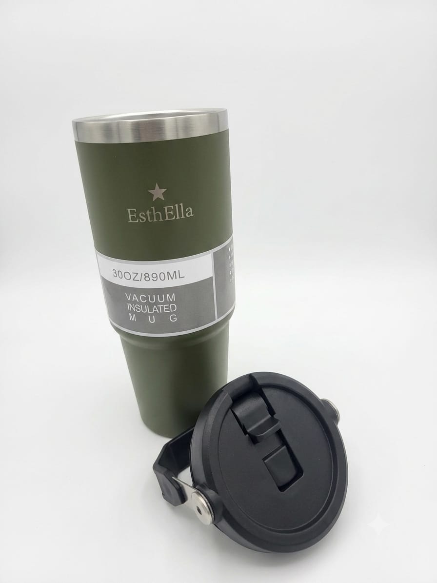Esthella 30oz (890ml) Vacuum Insulated Tumbler Mug with Handle and Straw | Leak-Resistant Travel Cup for Hot & Cold Drinks.
