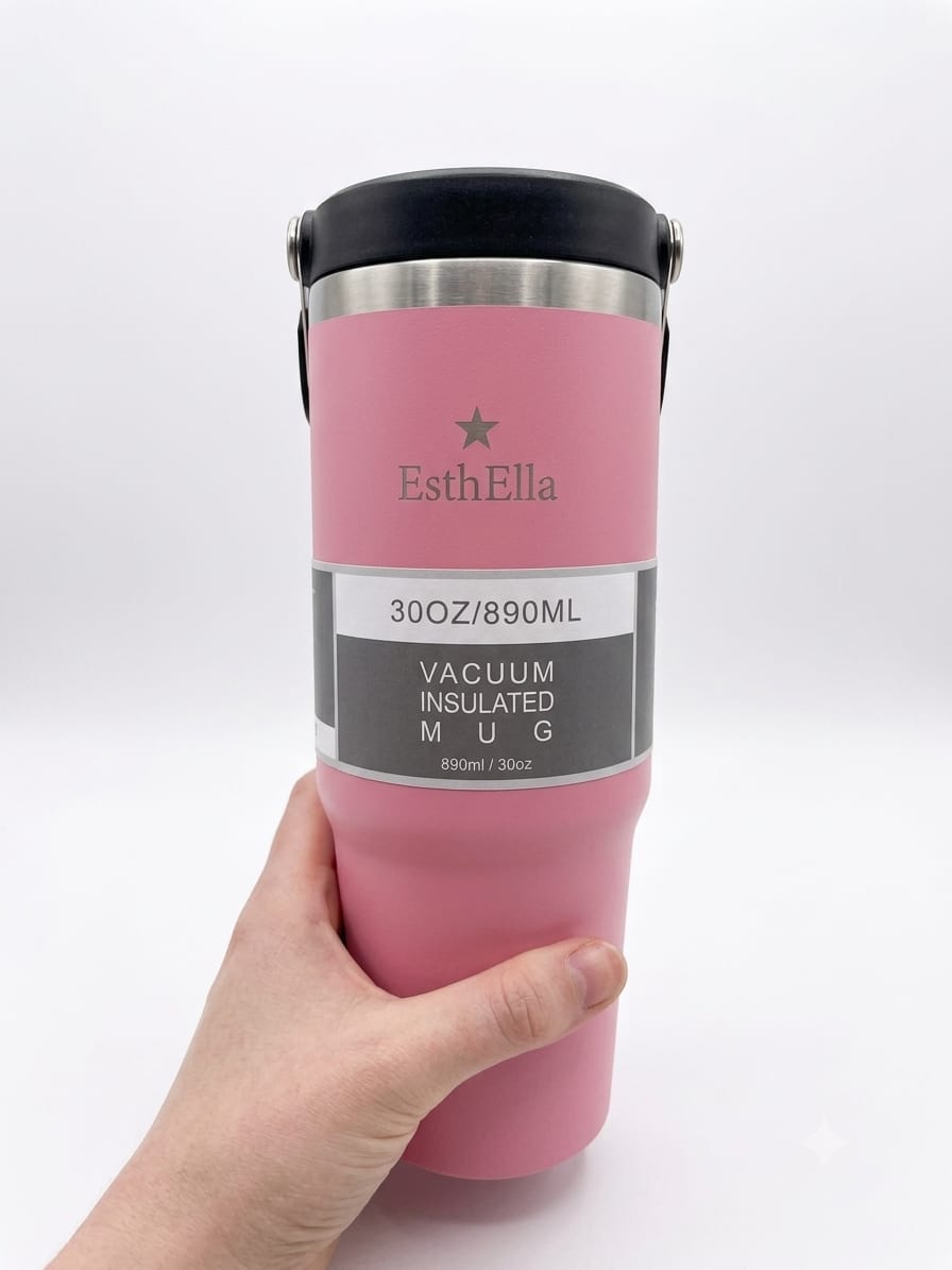 Esthella 30oz (890ml) Vacuum Insulated Tumbler Mug with Handle and Straw | Leak-Resistant Travel Cup for Hot & Cold Drinks.