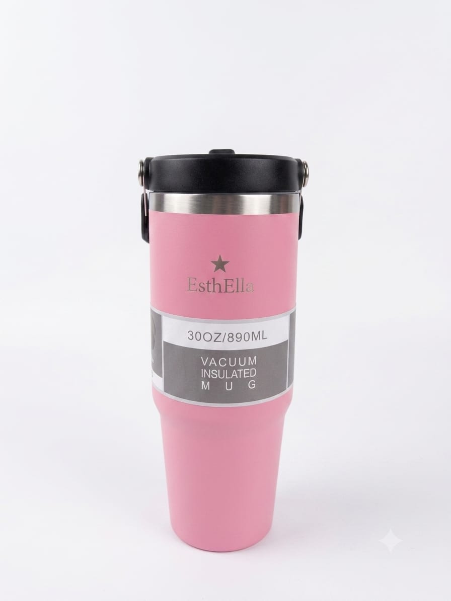 Esthella 30oz (890ml) Vacuum Insulated Tumbler Mug with Handle and Straw | Leak-Resistant Travel Cup for Hot & Cold Drinks.