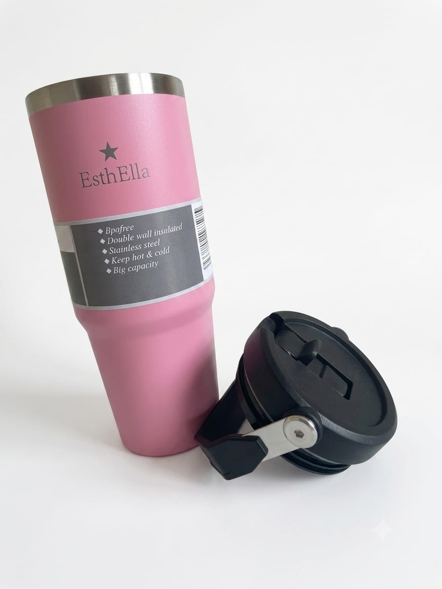Esthella 30oz (890ml) Vacuum Insulated Tumbler Mug with Handle and Straw | Leak-Resistant Travel Cup for Hot & Cold Drinks.