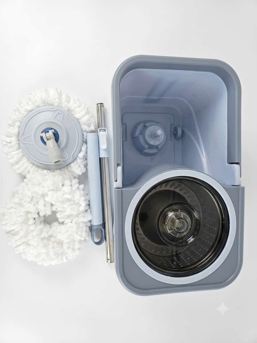 360° Spin Mop and Bucket System on Wheels | Rolling Mopping Bucket with Wringer and Pull Handle | Microfiber Floor Mop with Adjustable Stainless Steel Hand for Hardwood, Tile, and Laminate.