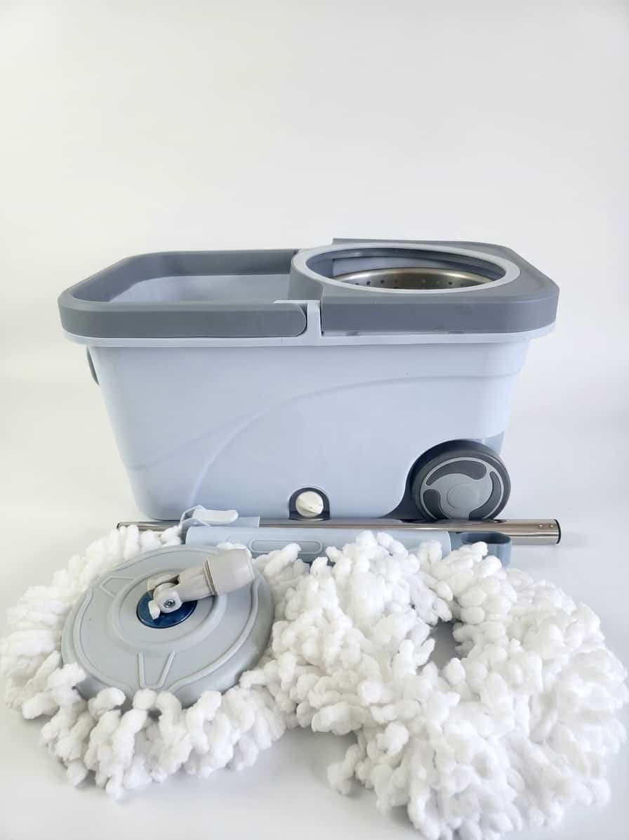360° Spin Mop and Bucket System on Wheels | Rolling Mopping Bucket with Wringer and Pull Handle | Microfiber Floor Mop with Adjustable Stainless Steel Hand for Hardwood, Tile, and Laminate.