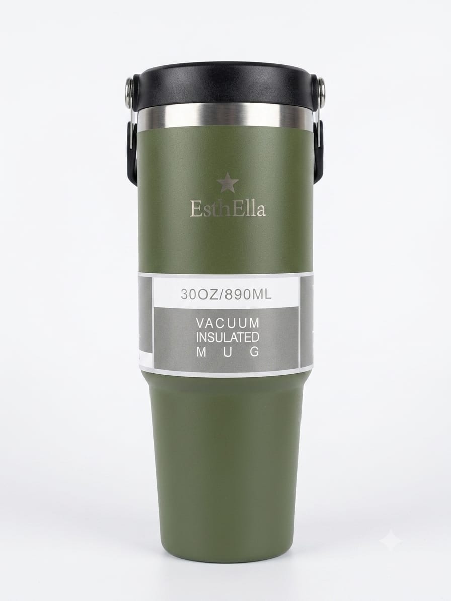 Esthella 30oz (890ml) Vacuum Insulated Tumbler Mug with Handle and Straw | Leak-Resistant Travel Cup for Hot & Cold Drinks.